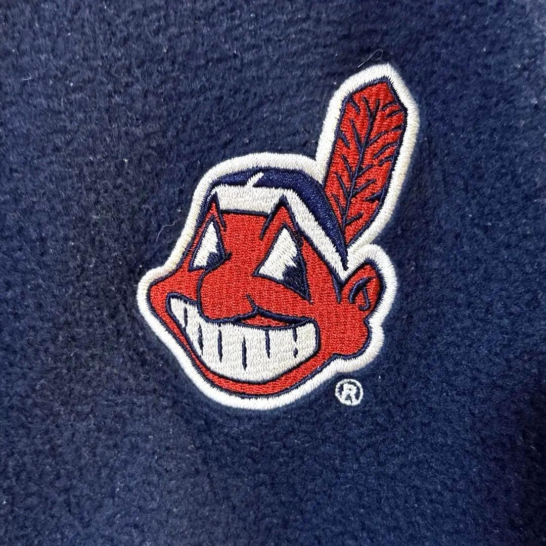 90s US古着　MLBインディアンス　ハーフジップフリース　M ネイビー　刺繍
