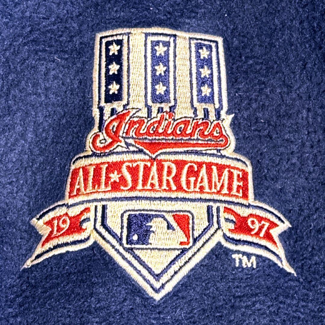 90s US古着　MLBインディアンス　ハーフジップフリース　M ネイビー　刺繍
