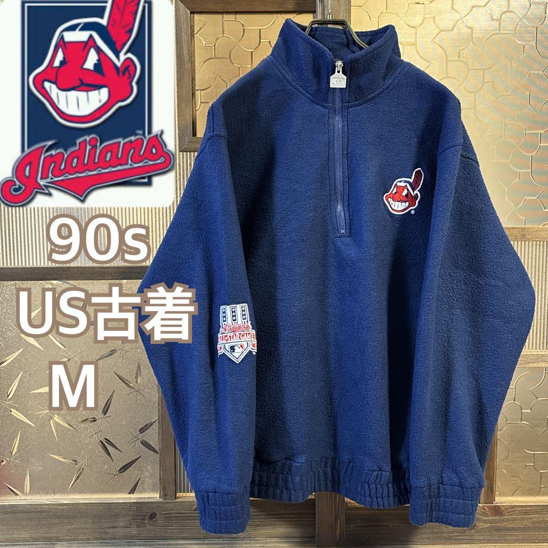 90s US古着　MLBインディアンス　ハーフジップフリース　M ネイビー　刺繍
