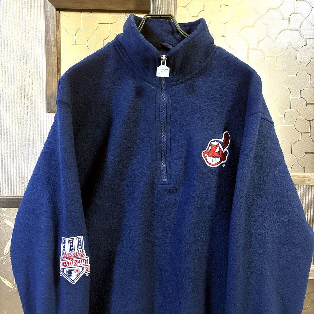 90s US古着　MLBインディアンス　ハーフジップフリース　M ネイビー　刺繍