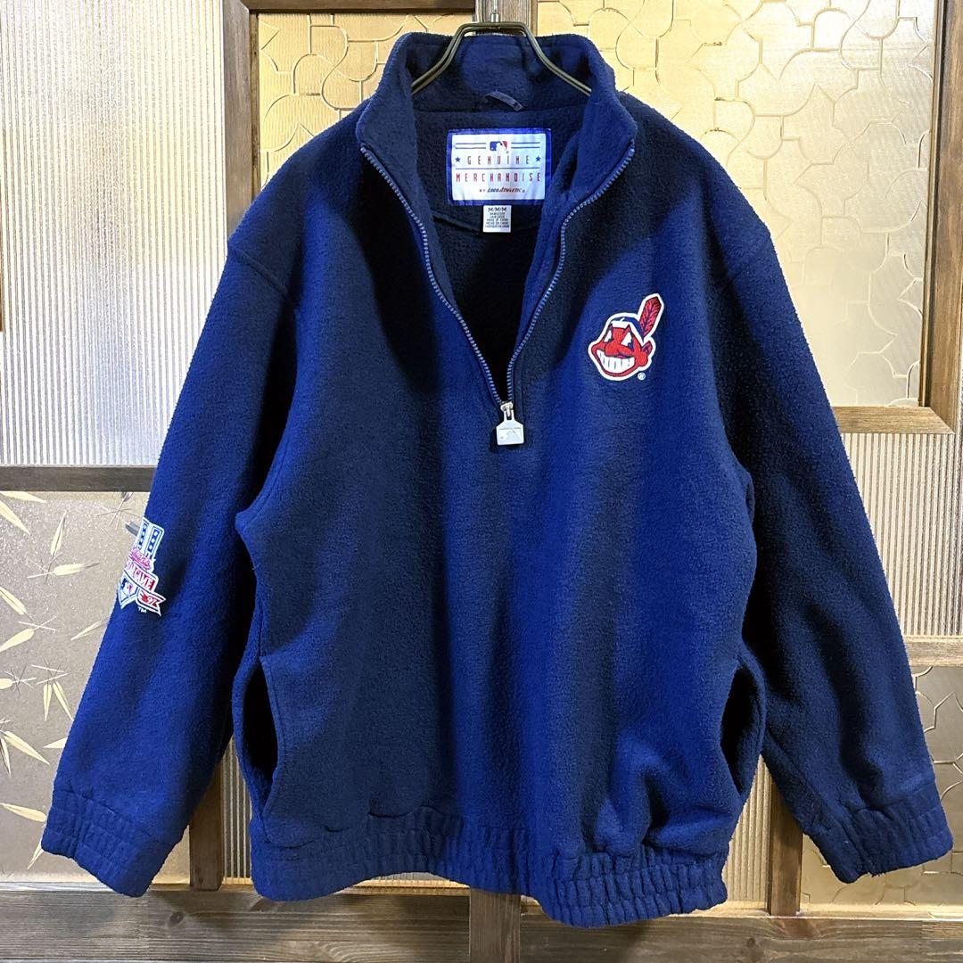 90s US古着　MLBインディアンス　ハーフジップフリース　M ネイビー　刺繍