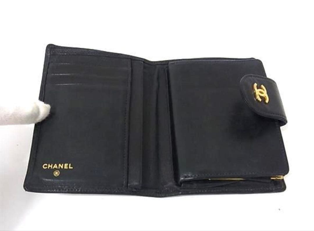 【美品】CHANEL Wホック財布　ビコローレ　キャビアスキン　黒　がま口
