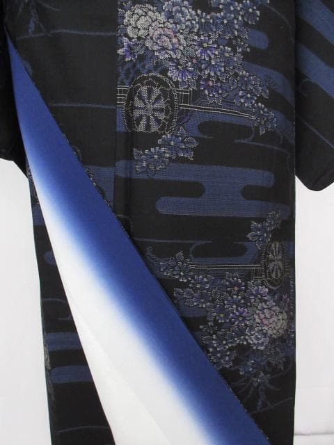 着用少ない！美品＊純泥染＊９マルキ＊本場大島紬＊黒＆青＊着物＊１５６ｃｍ＊裄６８