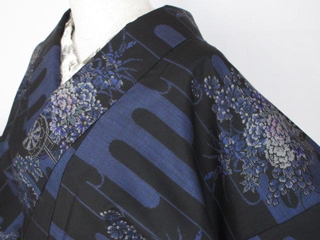 着用少ない！美品＊純泥染＊９マルキ＊本場大島紬＊黒＆青＊着物＊１５６ｃｍ＊裄６８