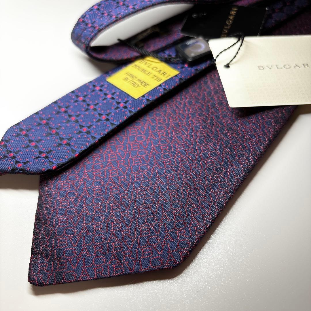 未使用 BVLGARI ロゴマニア ダブルフェイス ネクタイ ネイビー 箱付