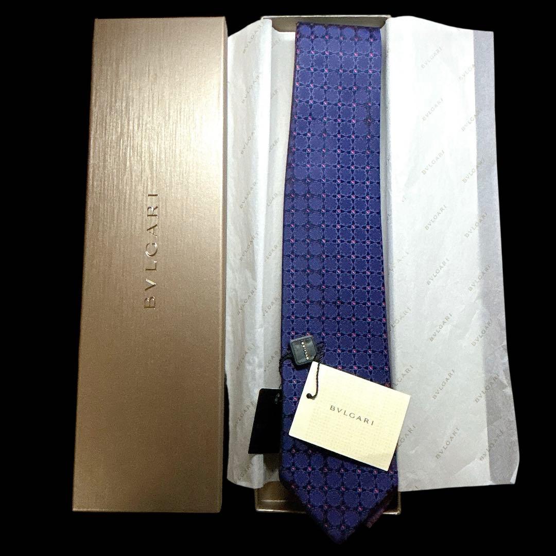未使用 BVLGARI ロゴマニア ダブルフェイス ネクタイ ネイビー 箱付