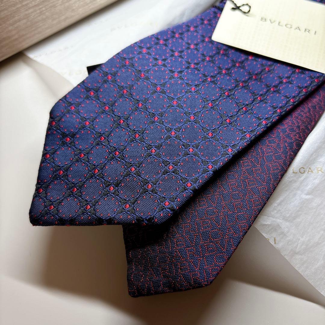 未使用 BVLGARI ロゴマニア ダブルフェイス ネクタイ ネイビー 箱付
