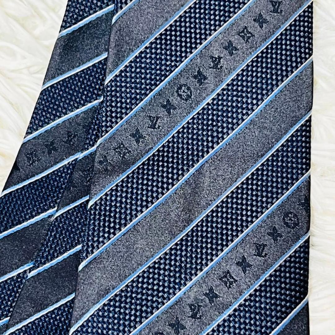 【極美品】LOUIS VUITTON ストライプ　モノグラム　ネクタイ　ネイビー