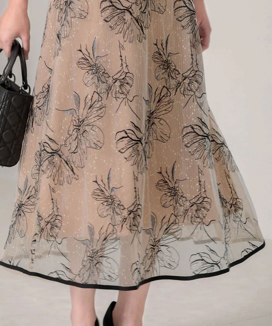 LEJA パイピングハイネック花柄ラメレースワンピースドレス