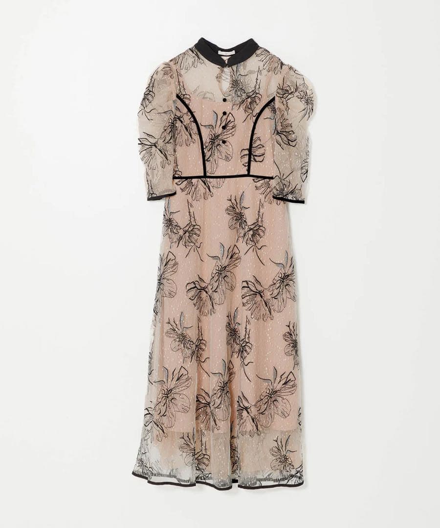 LEJA パイピングハイネック花柄ラメレースワンピースドレス