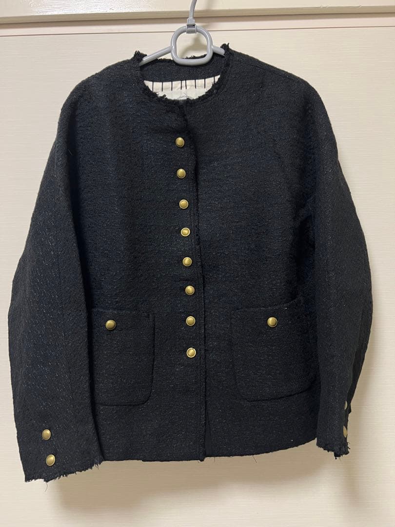 スラブツイードノーカラージャケット PUAL CE CIN ピュアルセシン 黒