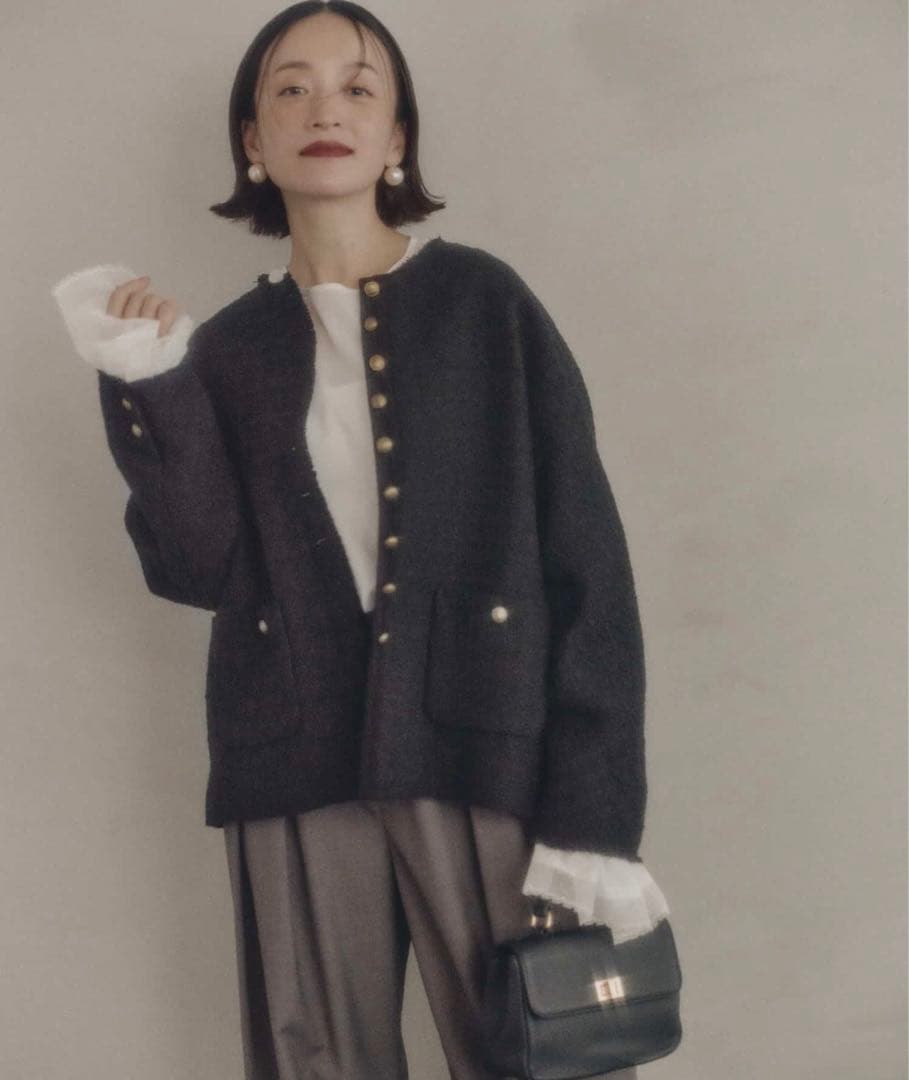 スラブツイードノーカラージャケット PUAL CE CIN ピュアルセシン 黒