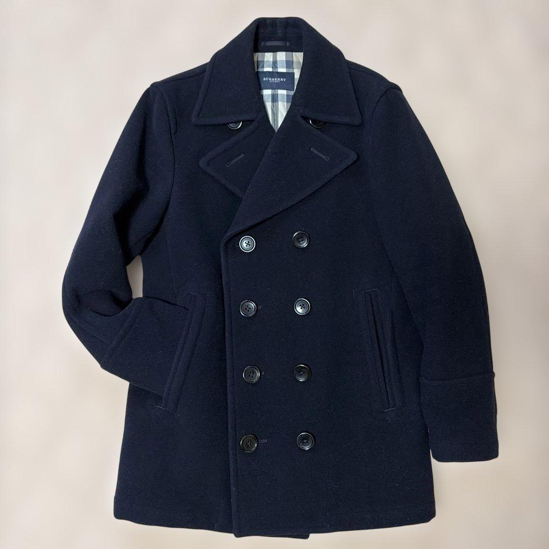 美品廃盤 バーバリーロンドンネイビー ダブルブレスト ピーコートノバチェック