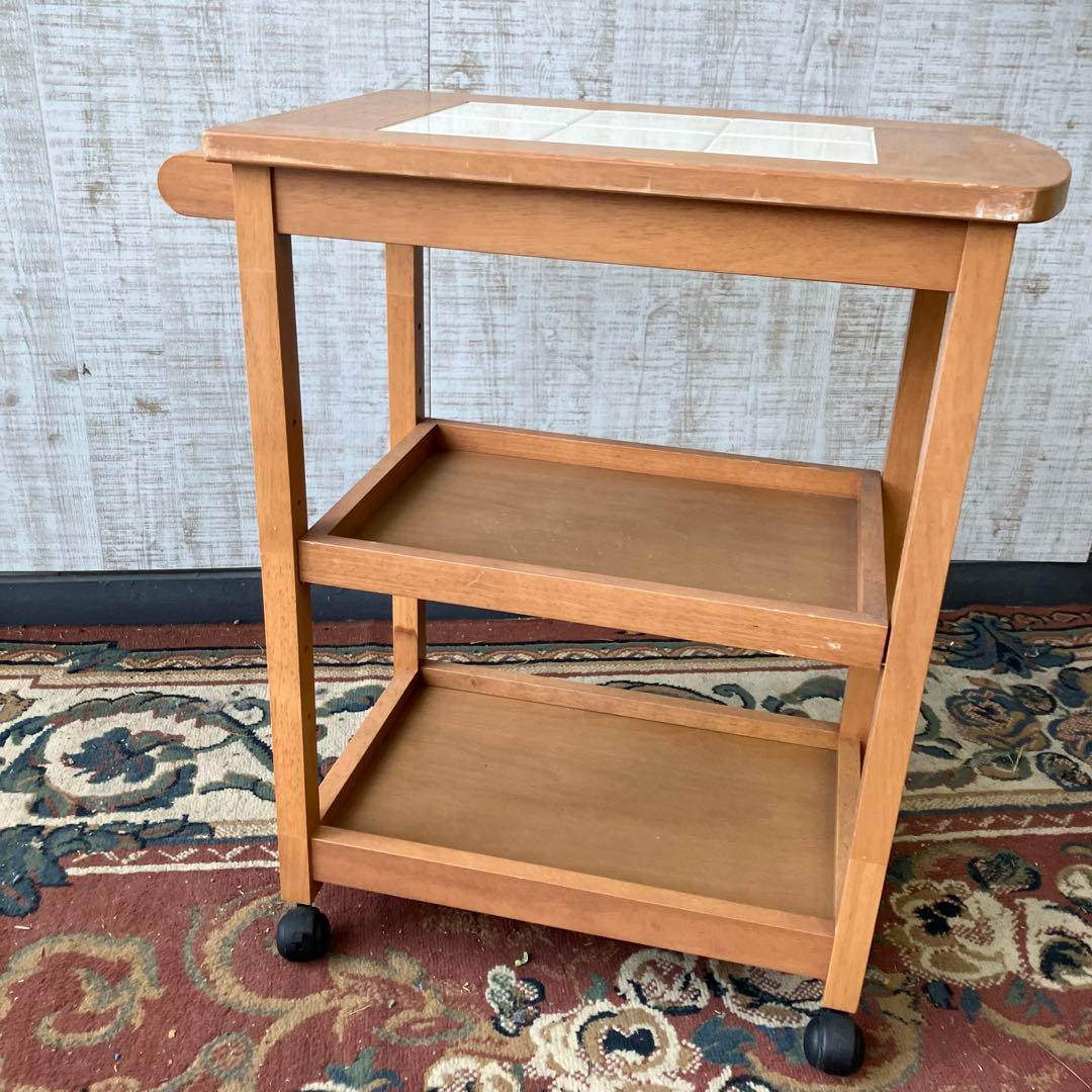 昭和レトロ タイル張り 木製キッチンワゴン キャスター付き キッチンカート