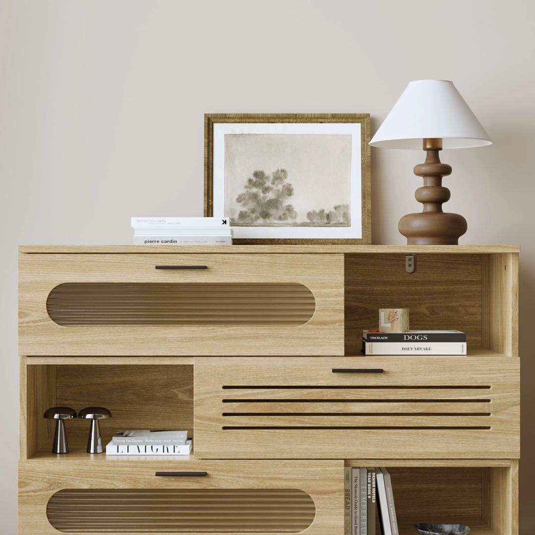 キャビネット サイドボード LEDライト付き 幅100cm 木目調 コンパクト