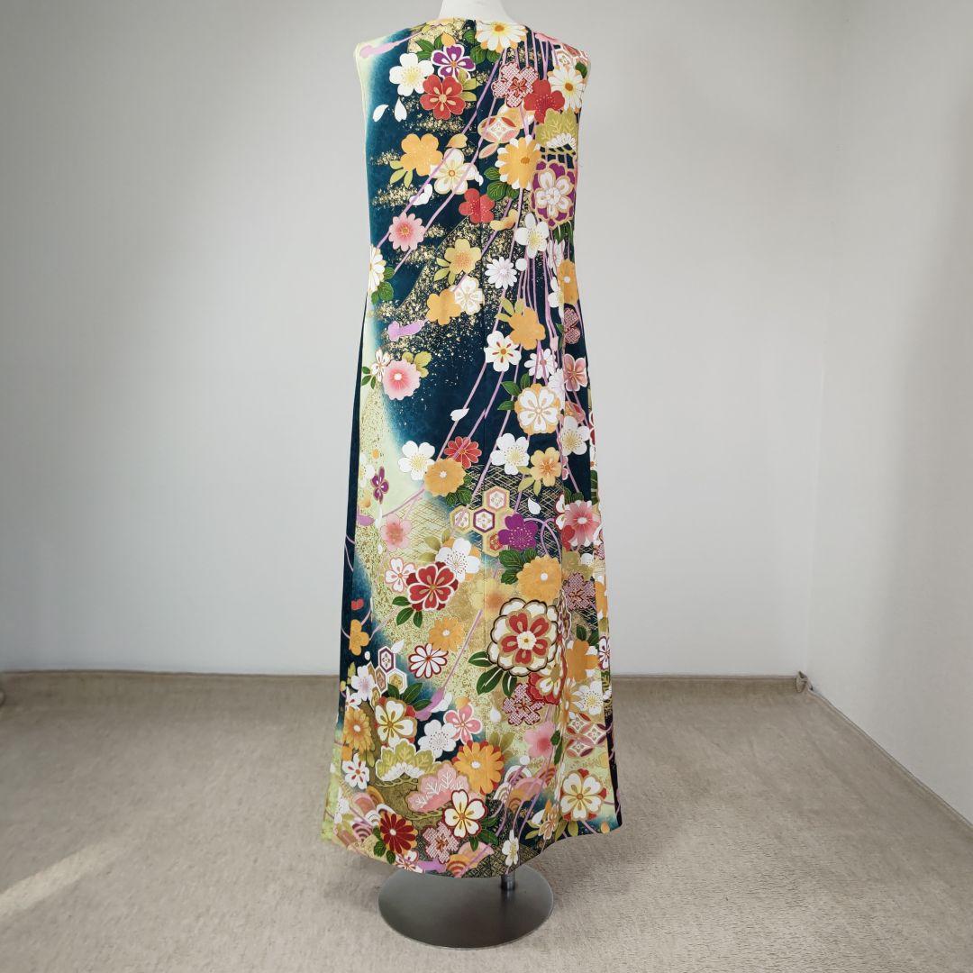 zunezune 振袖ドレス トールサイズ ノースリーブ 着物リメイク 深緑