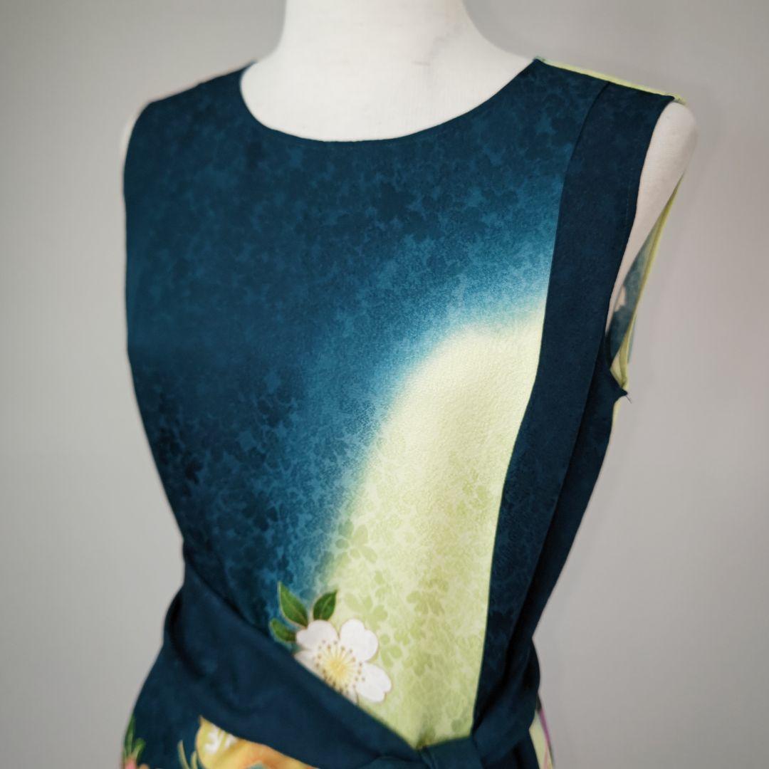 zunezune 振袖ドレス トールサイズ ノースリーブ 着物リメイク 深緑