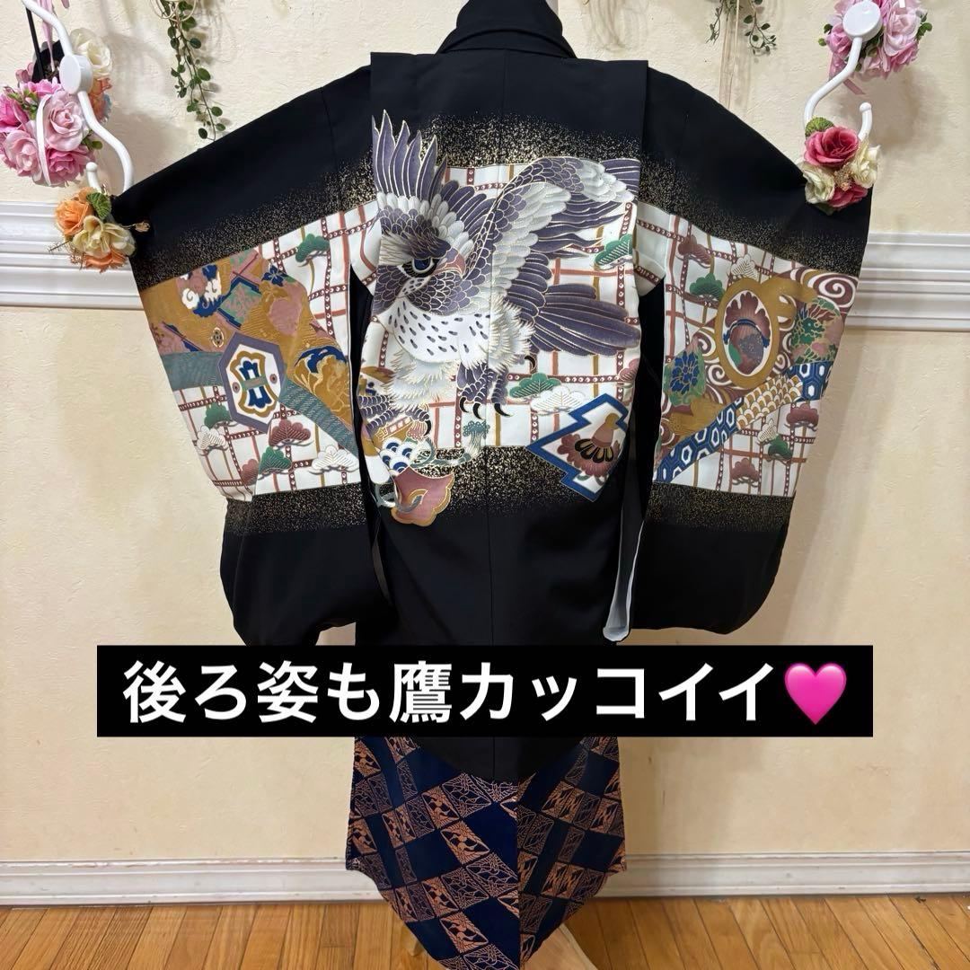 七五三五歳‼️黒地豪華着物 男の子 鷹　袴 完全️フルセット‼️お家から揃える無し逸品