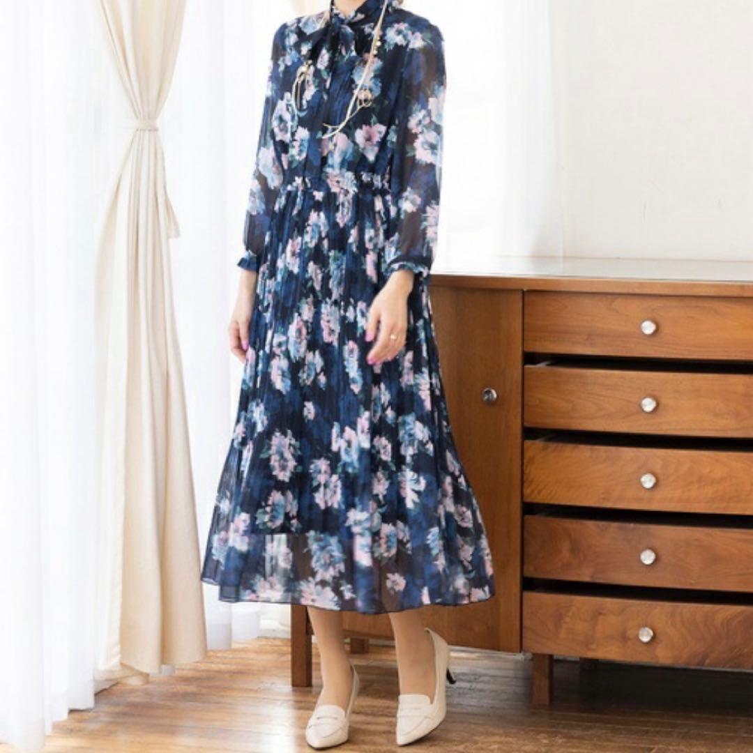 【美品】Rose Tiara ネイビー フラワー ロングワンピース
