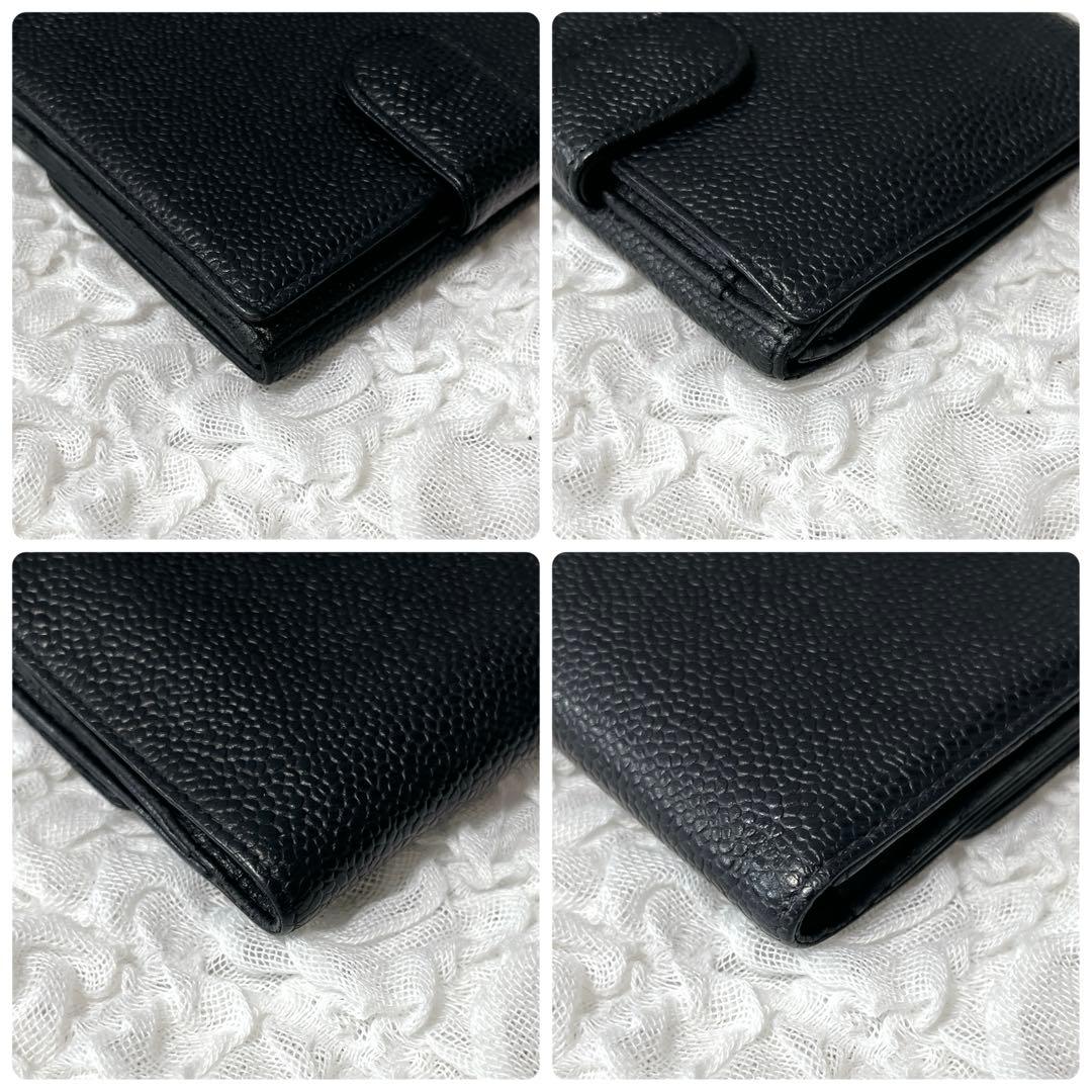 CHANEL ブラック 二つ折り財布　キャビアスキン　コンパクト　レザー　黒