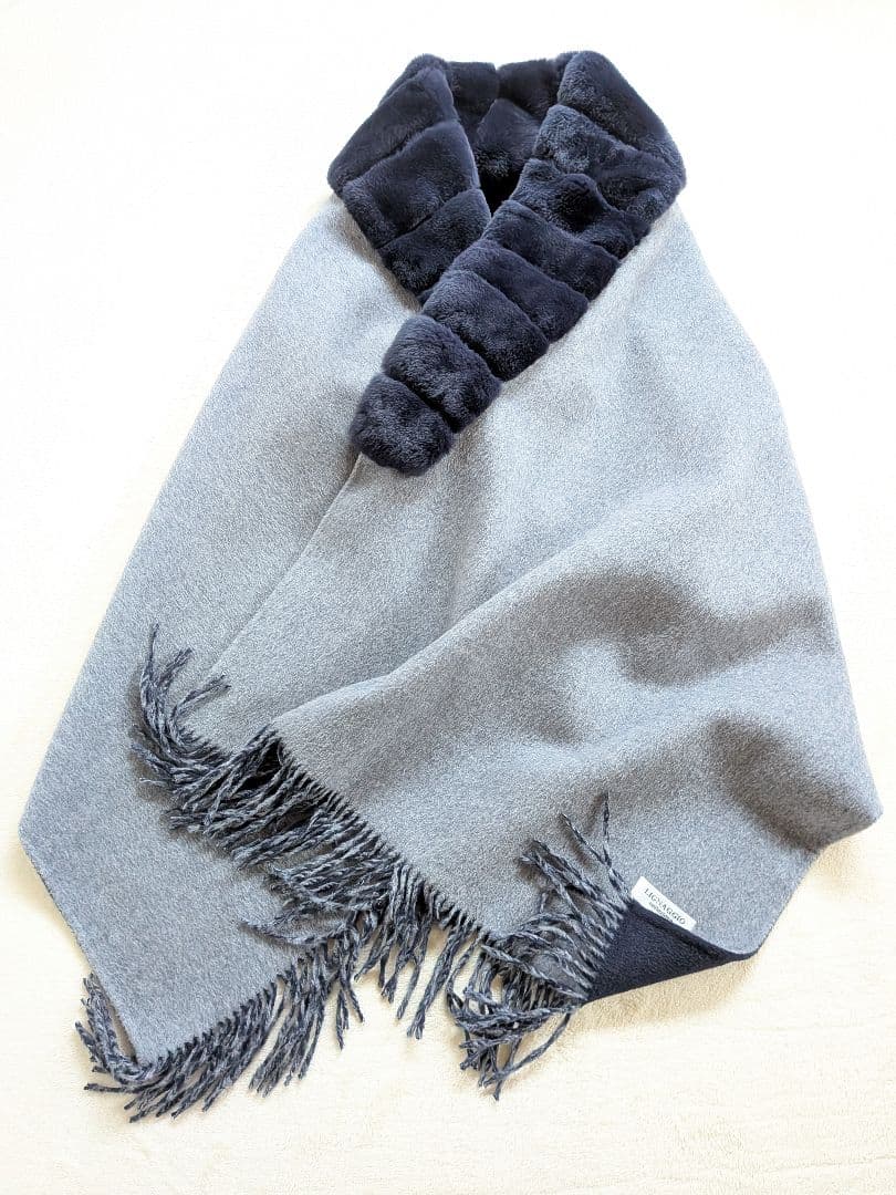 リナージオ　最高級　ファー付き大判ストール　リバーシブル　カシミヤ混