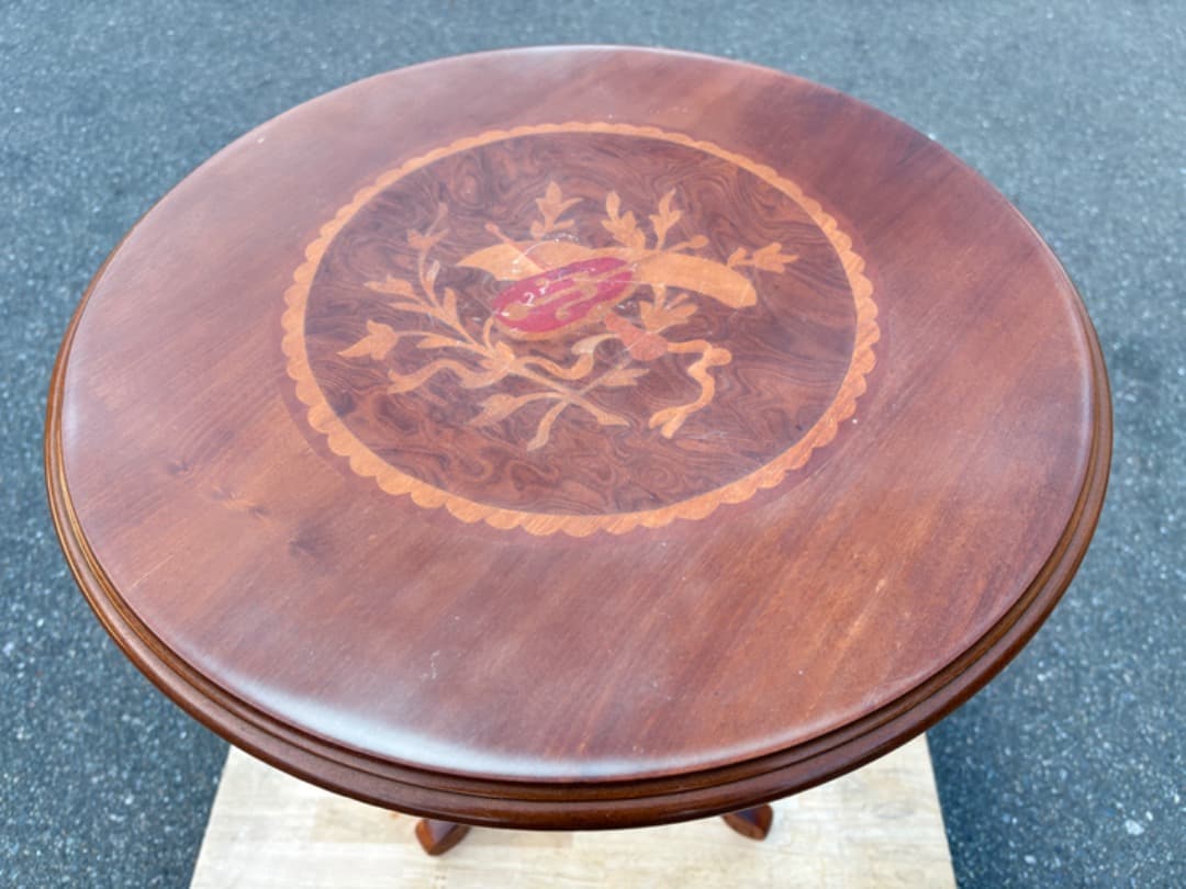 マホガニー調　サイドテーブル　象嵌細工　インレイ　飾り台　花台　挽物細工　933