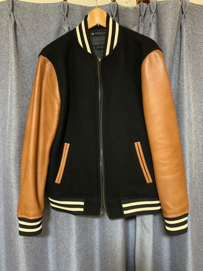 COACH スタジアムジャンパー XS 黒/茶　レザー