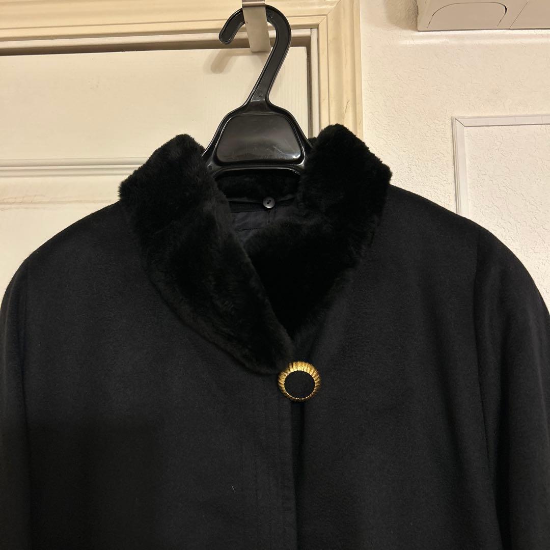 カシミヤ100%【新品未使用】ファー付きロングコート　黒