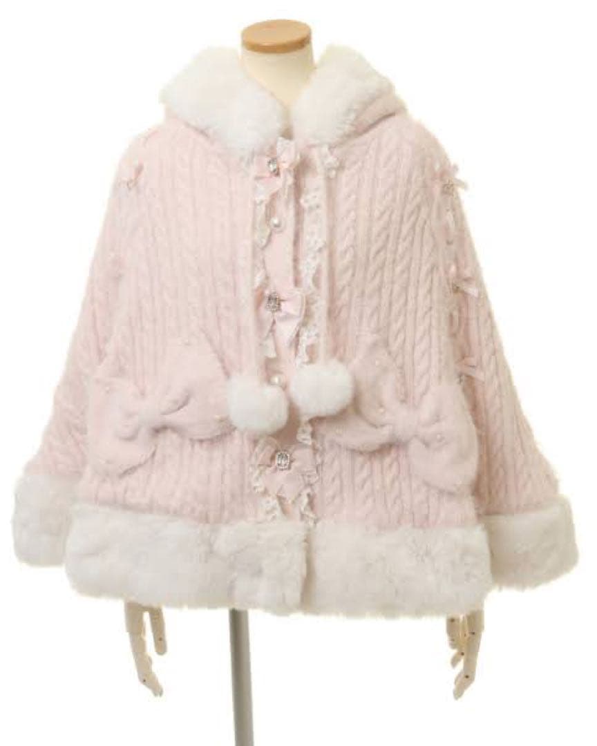 リズリサ LIZLISA ポンポンリボンニットファーポンチョ ピンク レア