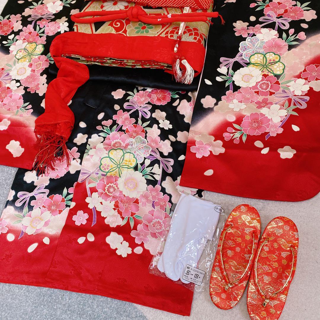 七五三 7歳 正絹 着物 帯 バッグ 草履 小物 フルセット 黒×赤