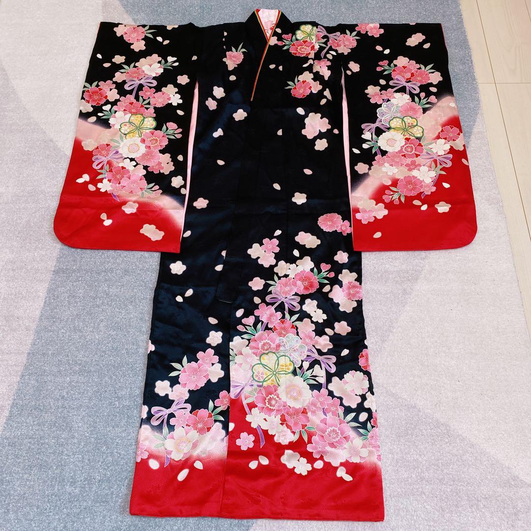 七五三 7歳 正絹 着物 帯 バッグ 草履 小物 フルセット 黒×赤