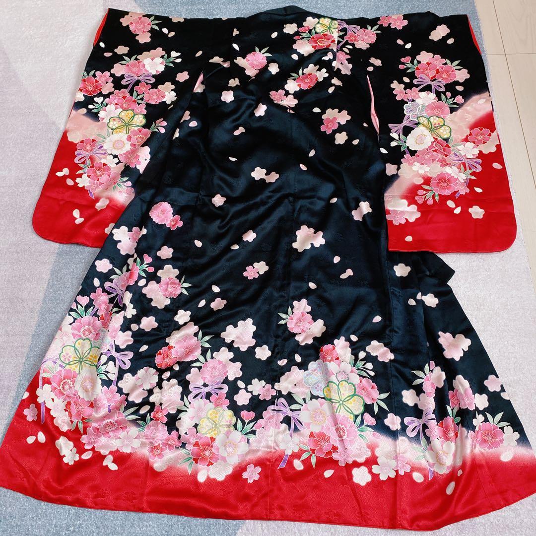 七五三 7歳 正絹 着物 帯 バッグ 草履 小物 フルセット 黒×赤