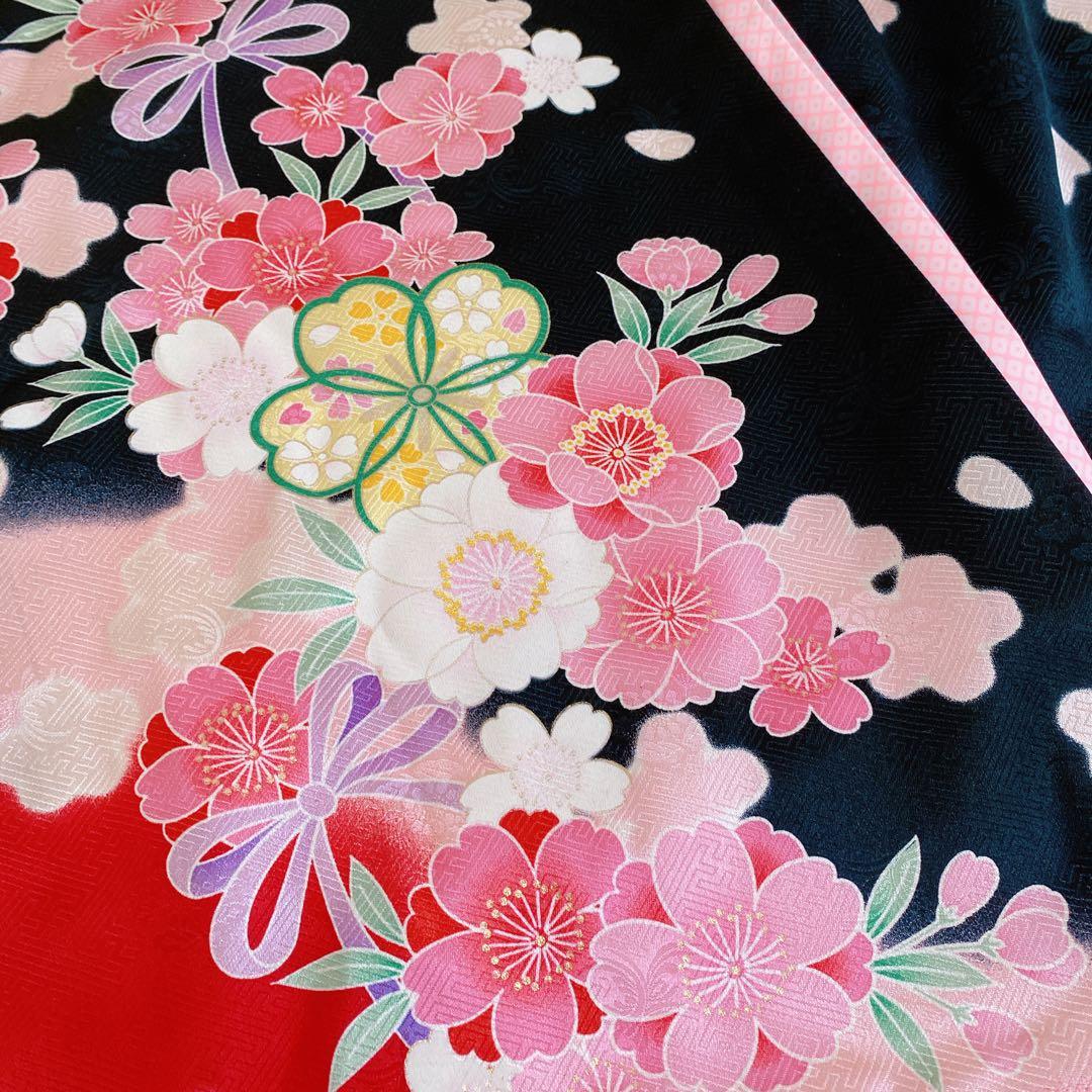 七五三 7歳 正絹 着物 帯 バッグ 草履 小物 フルセット 黒×赤