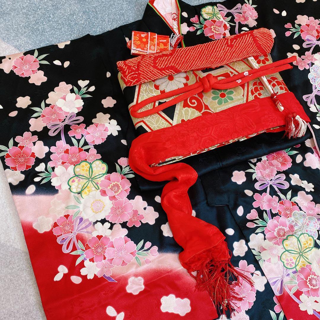 七五三 7歳 正絹 着物 帯 バッグ 草履 小物 フルセット 黒×赤