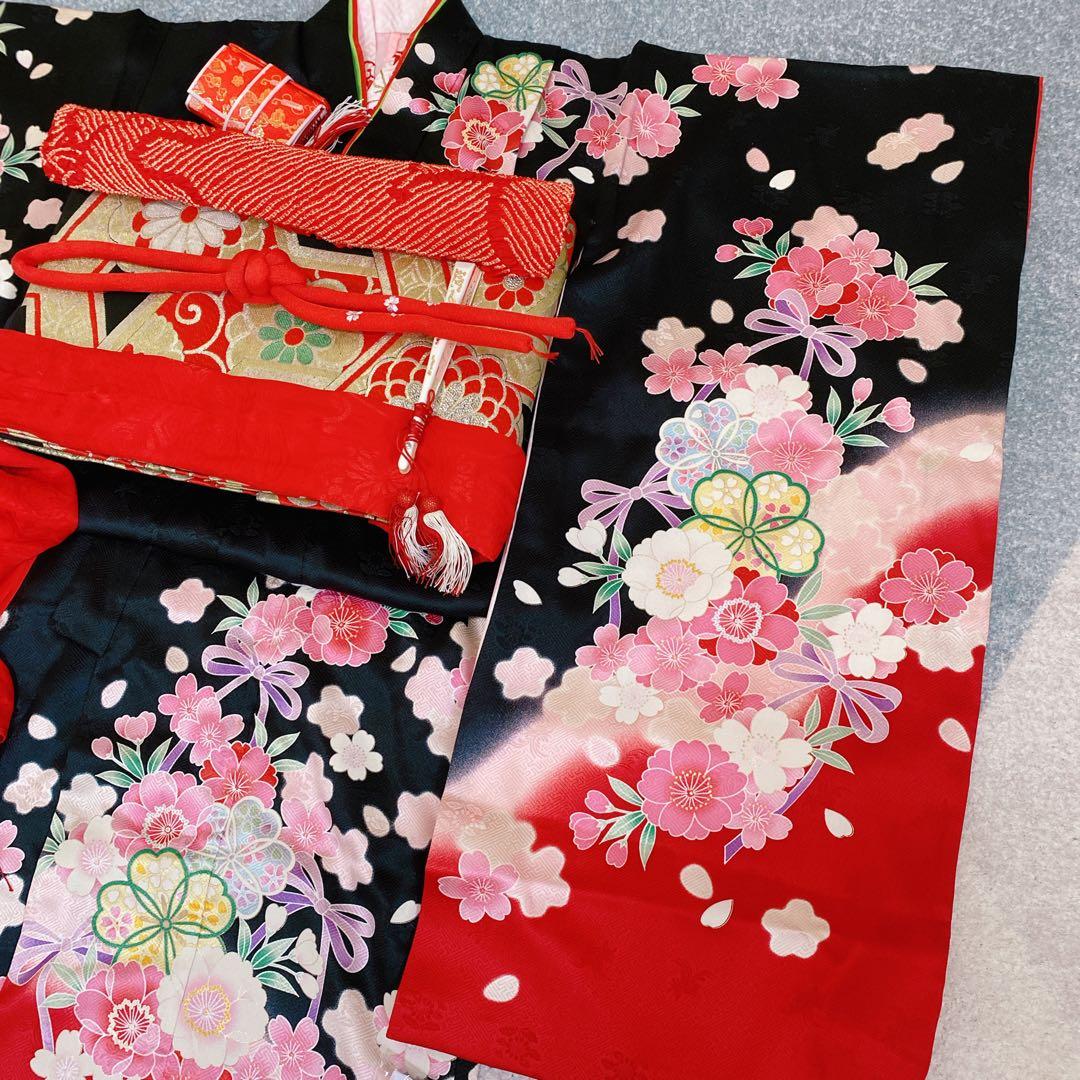 七五三 7歳 正絹 着物 帯 バッグ 草履 小物 フルセット 黒×赤