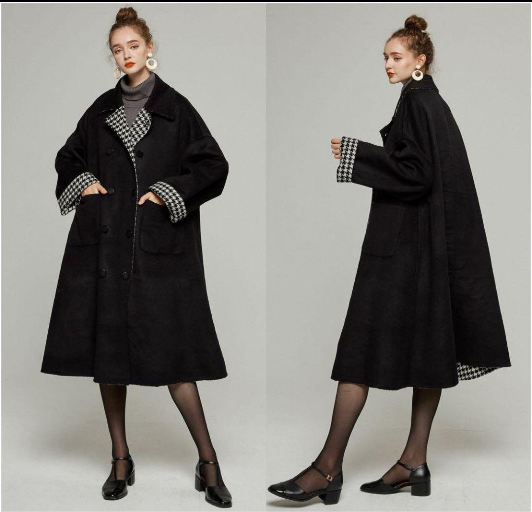 【完売品】Tnewties 口角にほくろがある彼女リバーシブルコート黒Mウール混