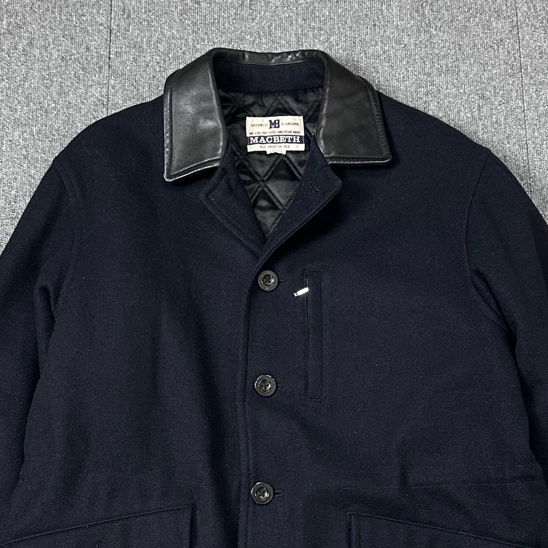 80s MACBETH 日本製 レザーカラー ウール メルトンコート 本革