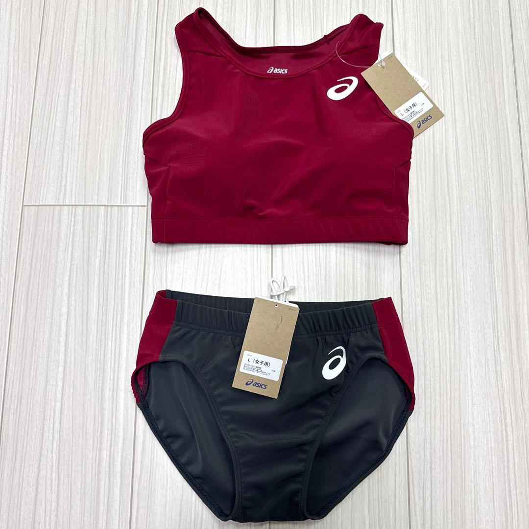 アシックス　女子陸上ユニフォーム上下セット　エンジ×ダークグレー　Lサイズ　新品
