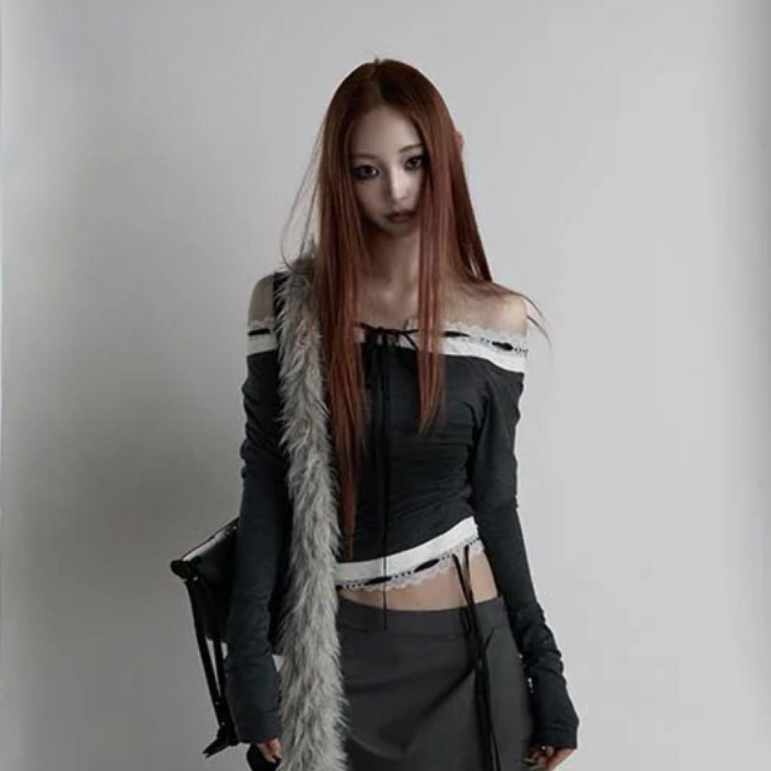 トップス S lace trim off shoulder tops Gray