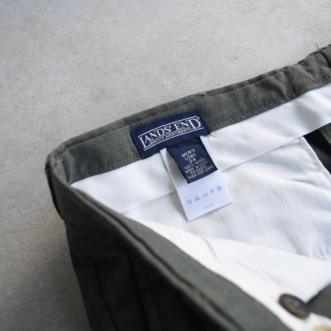 90s ランズエンド ウール ツータックスラックス グレーカーキ W34L30