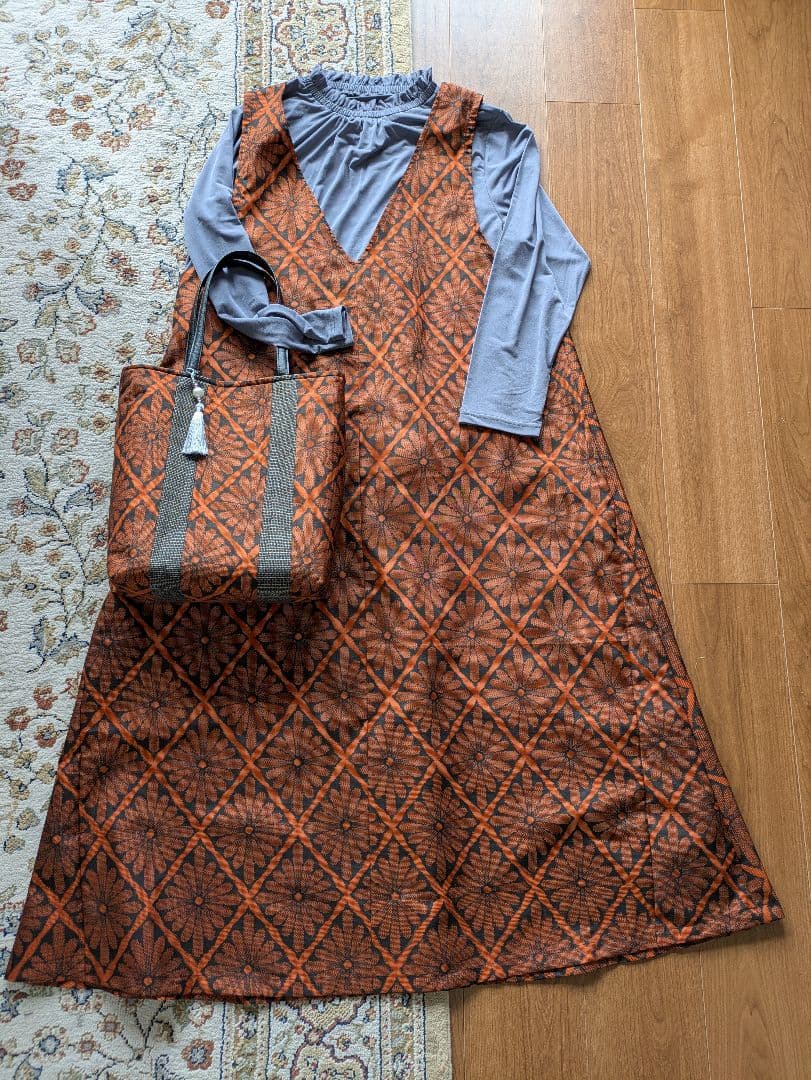 ♥お取り置き中♥着物リメイク✿大島紬反物✿ワンピース＆トートバッグ✿L〜LL