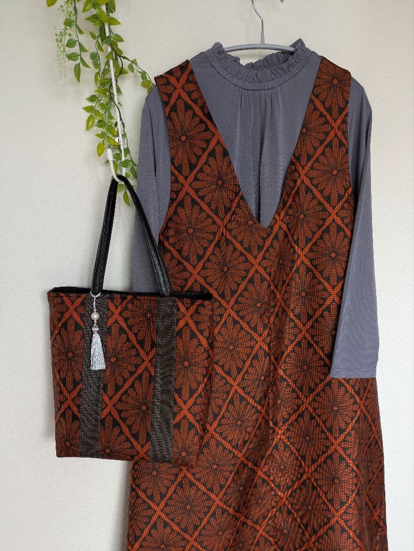 ♥お取り置き中♥着物リメイク✿大島紬反物✿ワンピース＆トートバッグ✿L〜LL