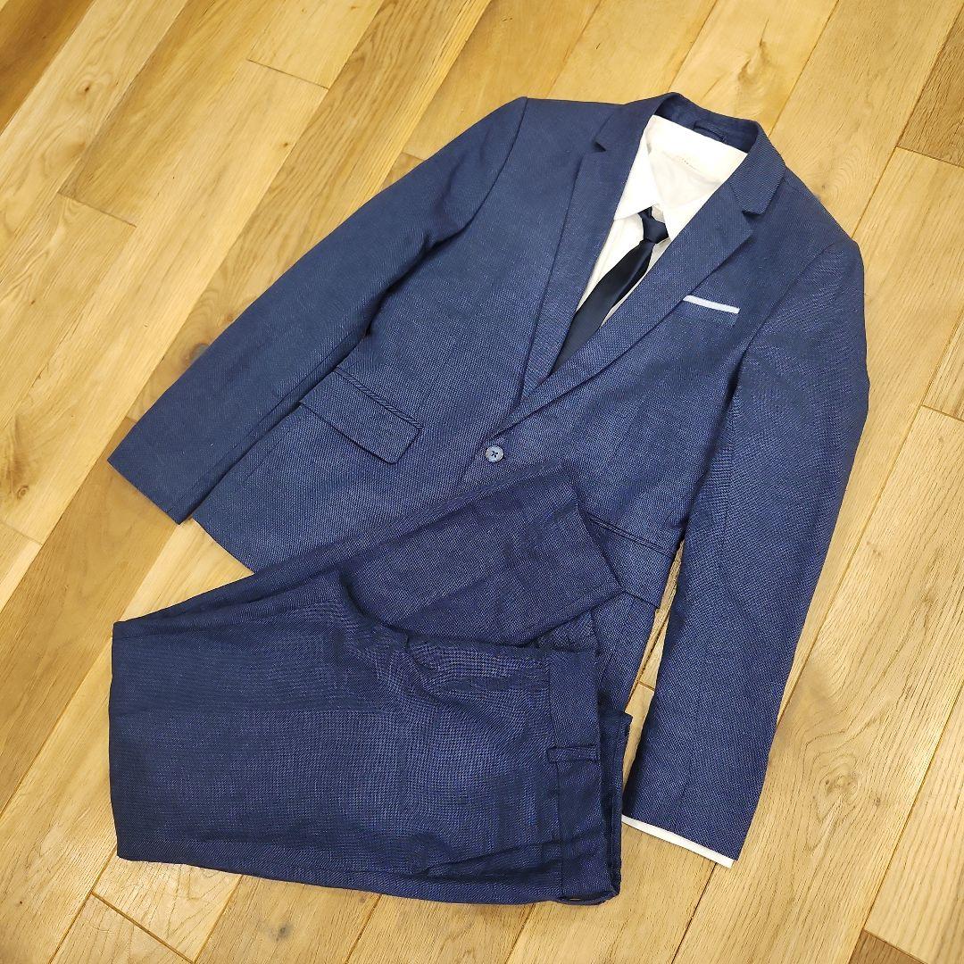  ネイビー　コットン　麻　リネン　男の子スーツ　卒業式　卒服