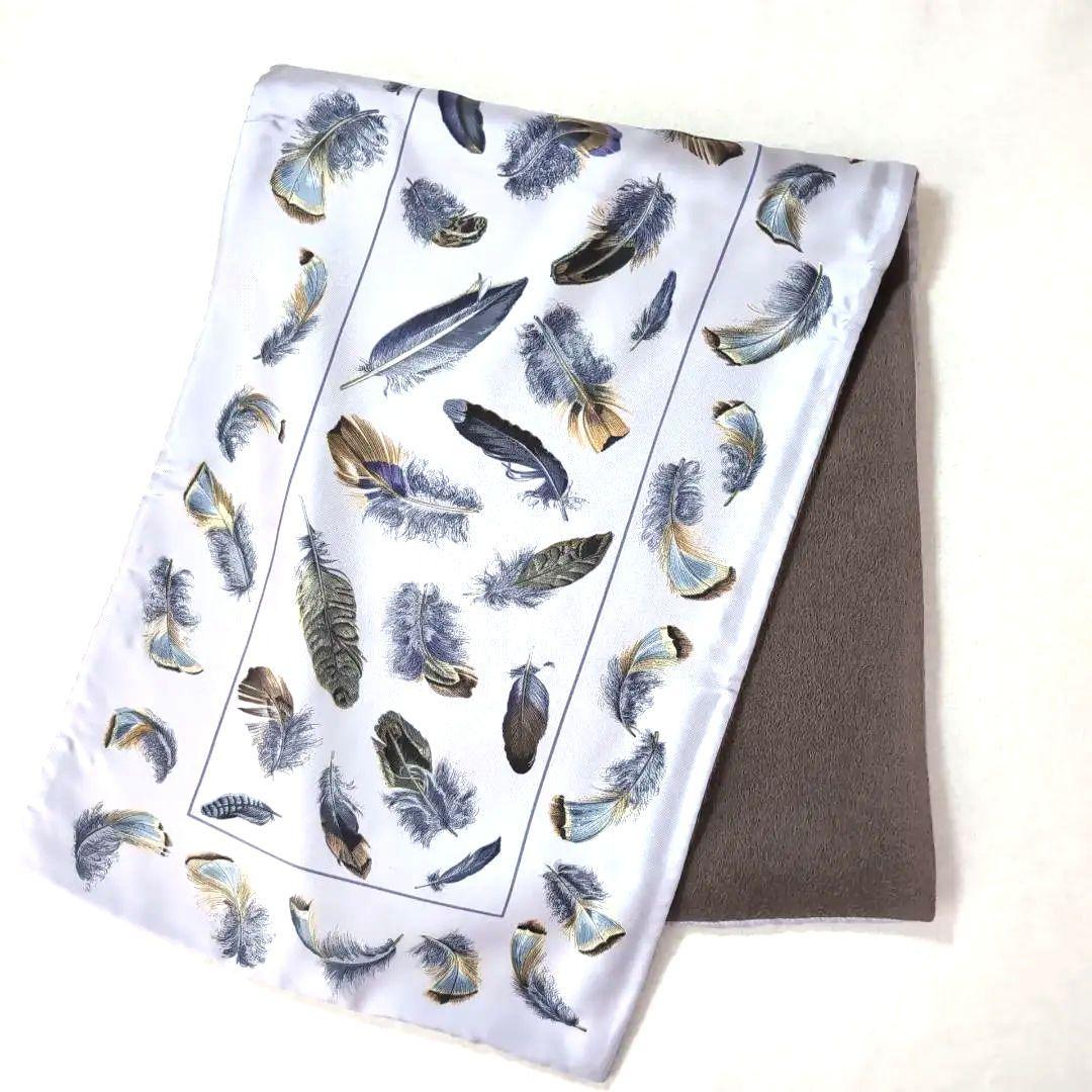 HERMES リバーシブル大判ショール シルク×アンゴラ 羽根柄 青灰 d112