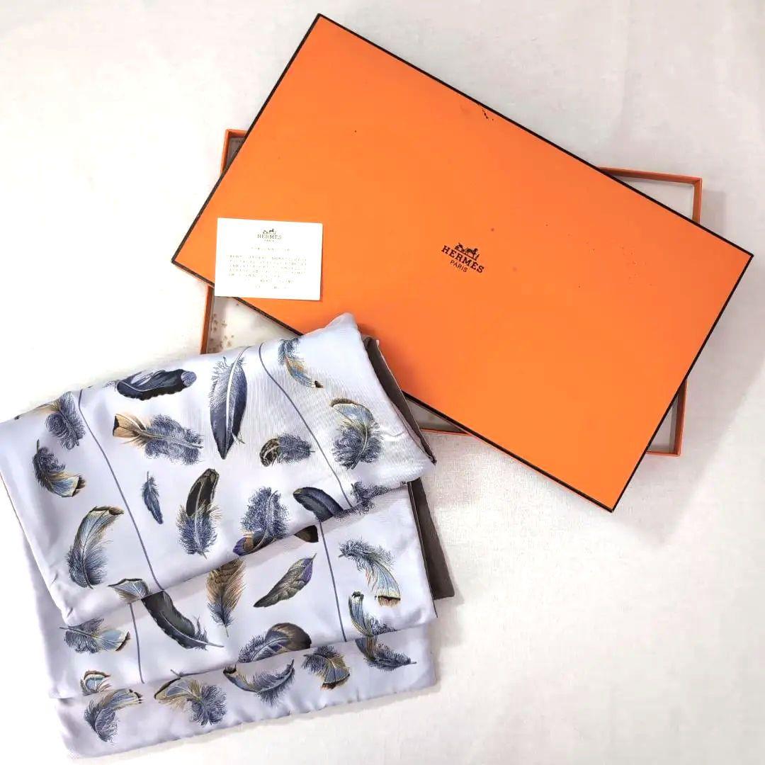 HERMES リバーシブル大判ショール シルク×アンゴラ 羽根柄 青灰 d112