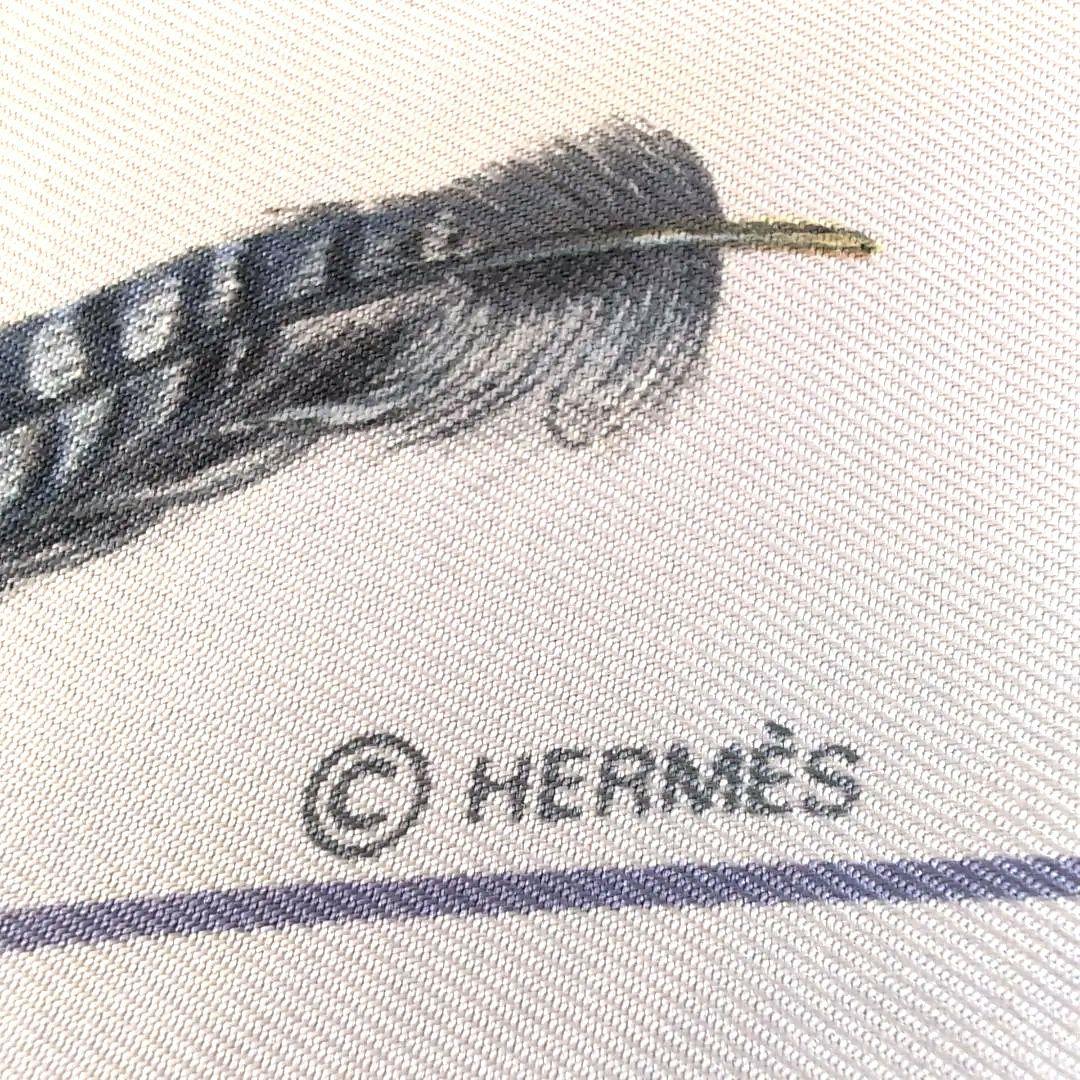 HERMES リバーシブル大判ショール シルク×アンゴラ 羽根柄 青灰 d112