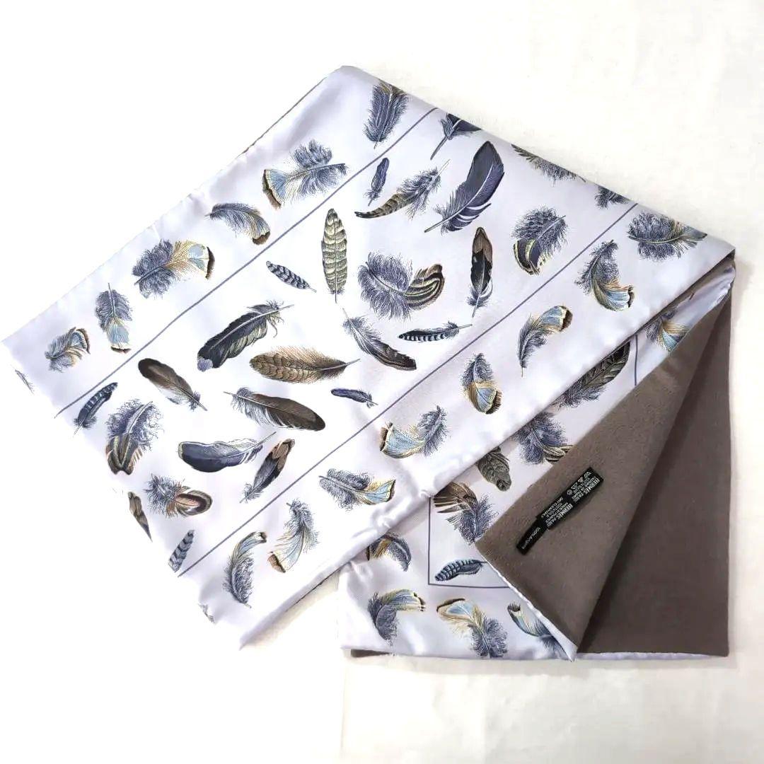 HERMES リバーシブル大判ショール シルク×アンゴラ 羽根柄 青灰 d112