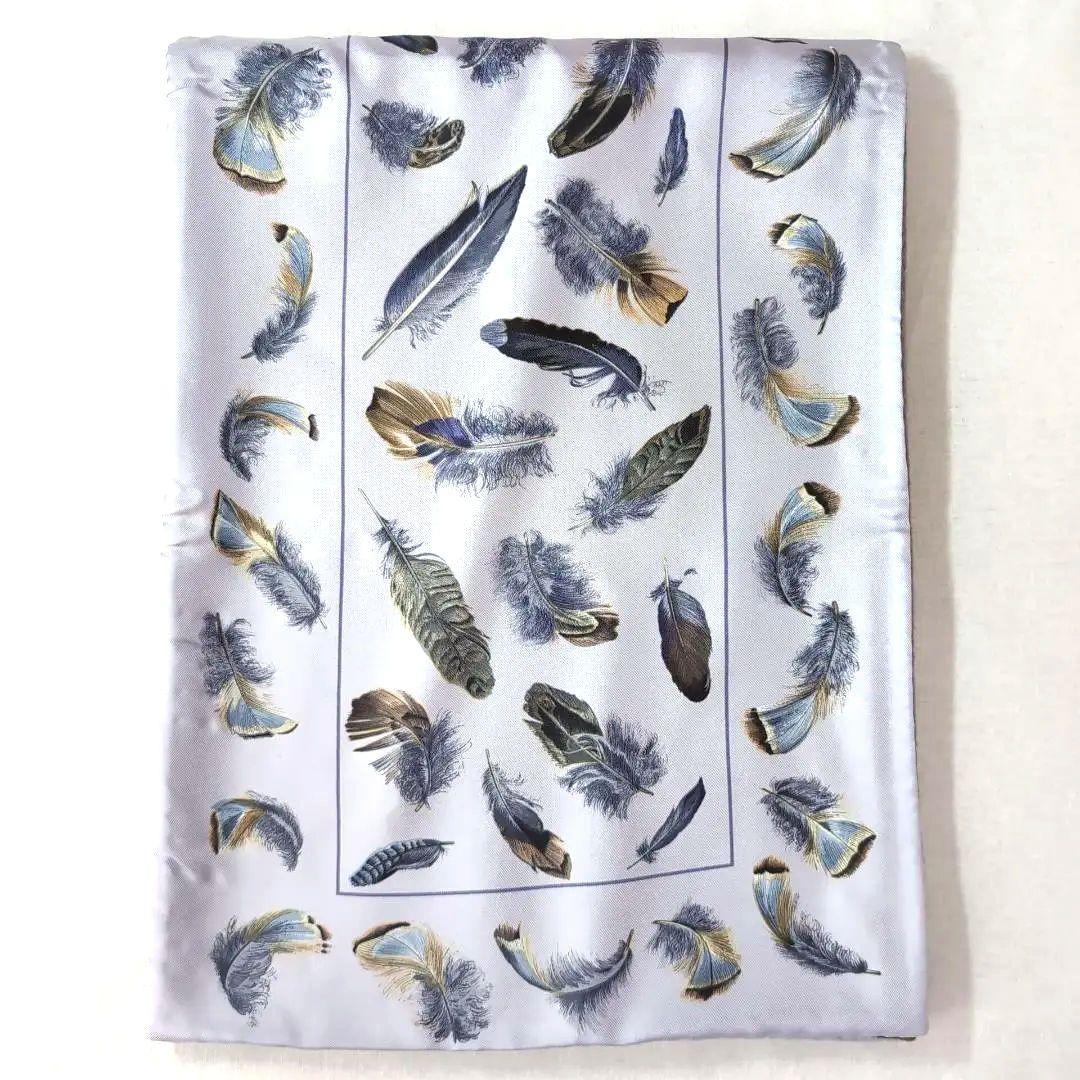 HERMES リバーシブル大判ショール シルク×アンゴラ 羽根柄 青灰 d112