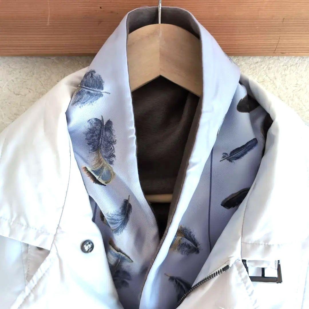 HERMES リバーシブル大判ショール シルク×アンゴラ 羽根柄 青灰 d112