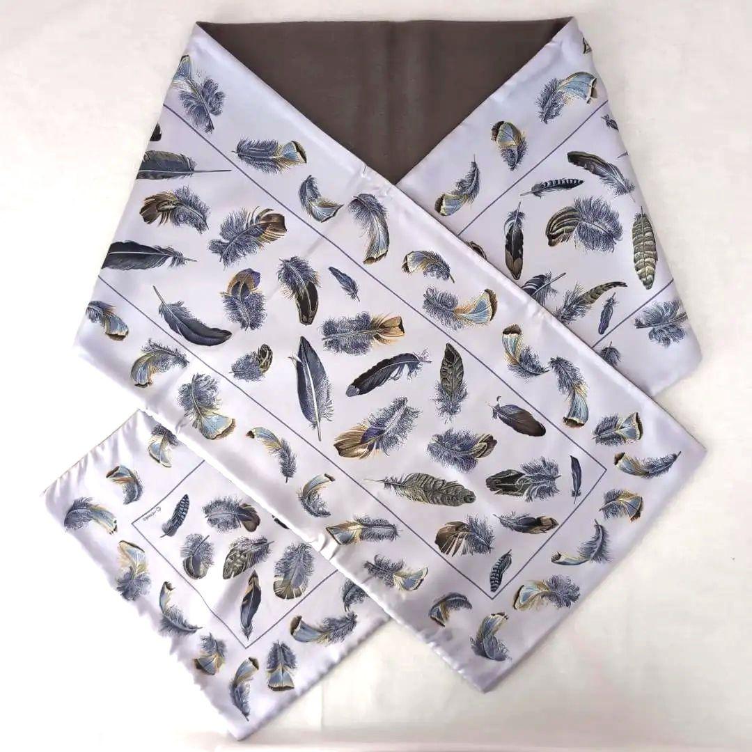 HERMES リバーシブル大判ショール シルク×アンゴラ 羽根柄 青灰 d112